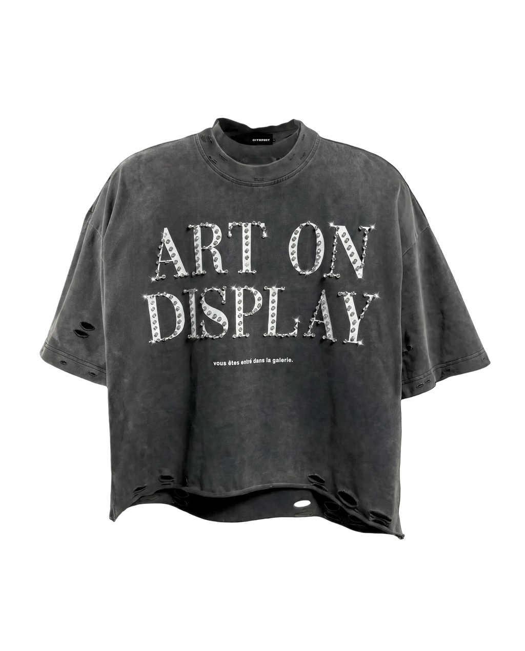 "ART ON DISPLAY" RHINESTONE DISTRESSTED TEE